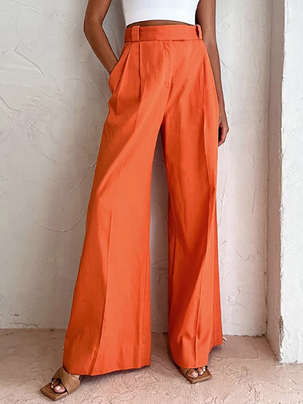 Commense Orange High-Waist Wide-Leg Trousers
